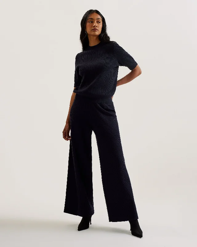 Ellenr Ribbed Knitted High Waist Wide Leg Trousers Navy