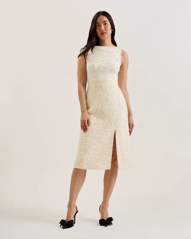 Morim Knit Bodice Boucle Midi Skirt With Side Ivory