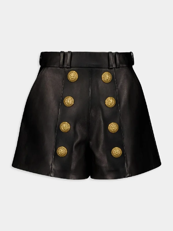 High-Waist Button-Embellished Leather Shorts