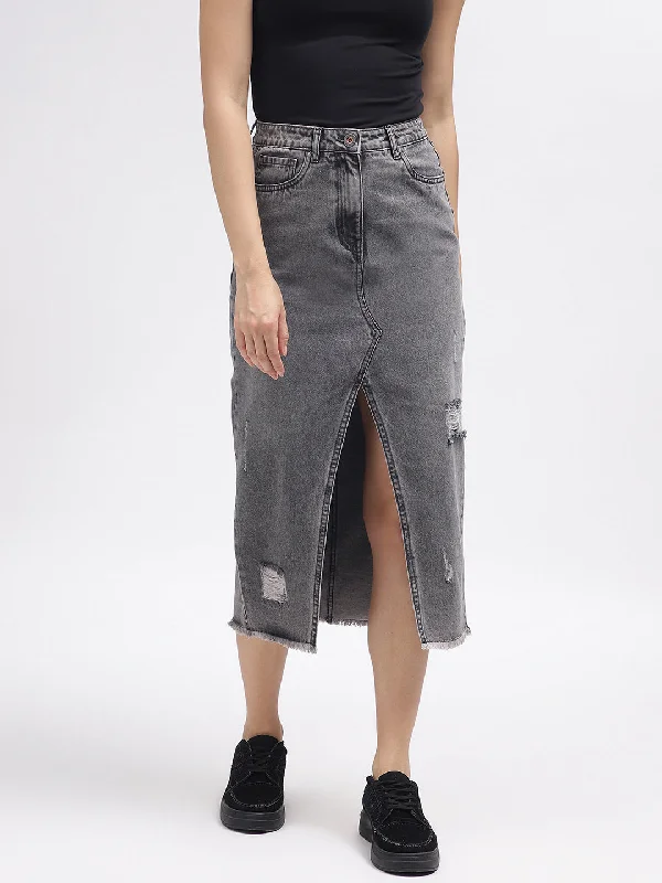 Iconic Women Grey Solid Regular Fit Skirt