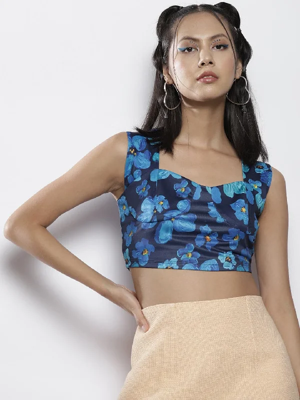 Women Navy Floral Scuba Sweetheart Neck Crop Top