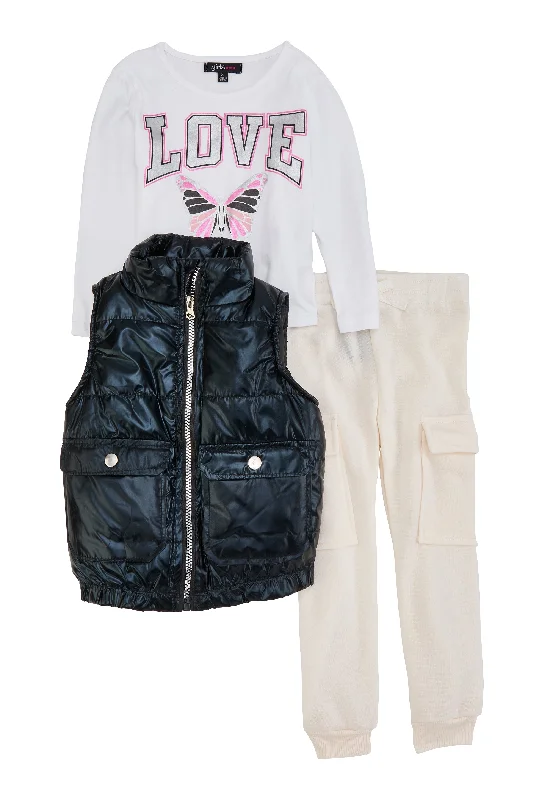 Toddler Girls Metallic Puffer Vest with Love Graphic Top and Joggers