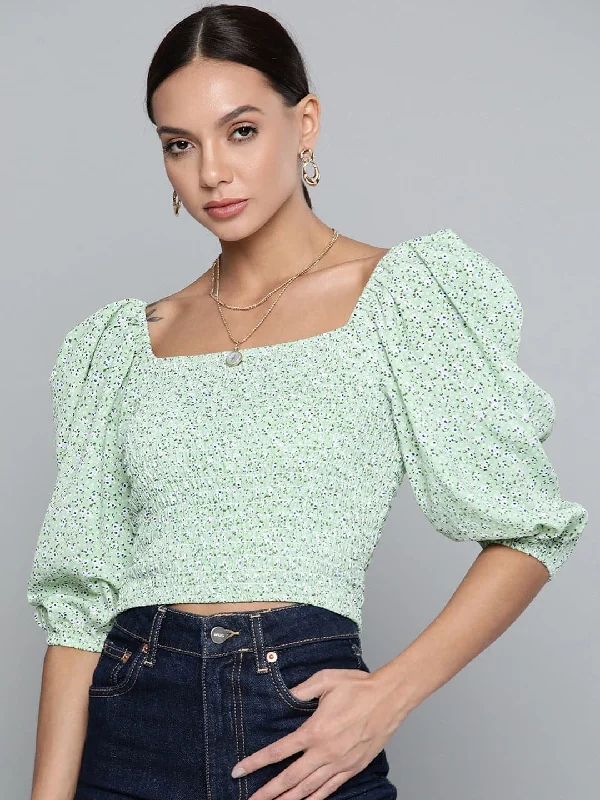 Women Green Floral Smocking Crop Top