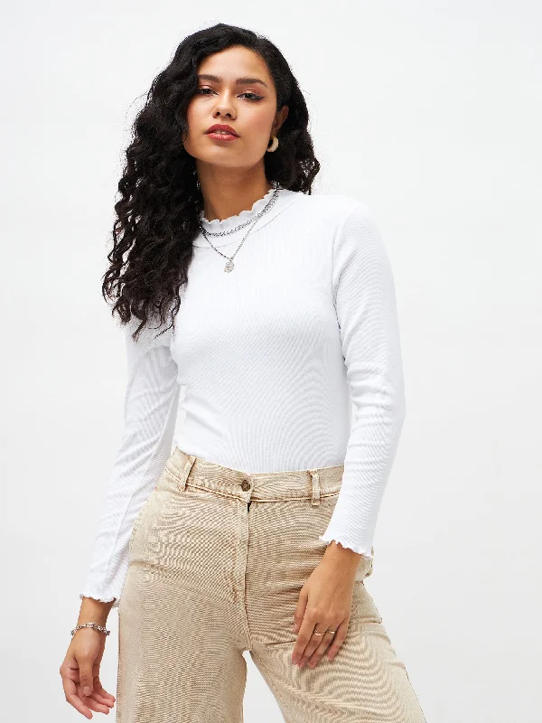 White Rib High Neck Full Sleeve Top