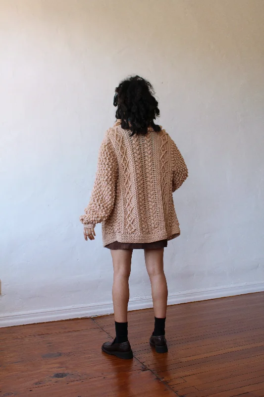 Vintage Chunky Hand Crocheted Pom Pom Cardigan Sweater