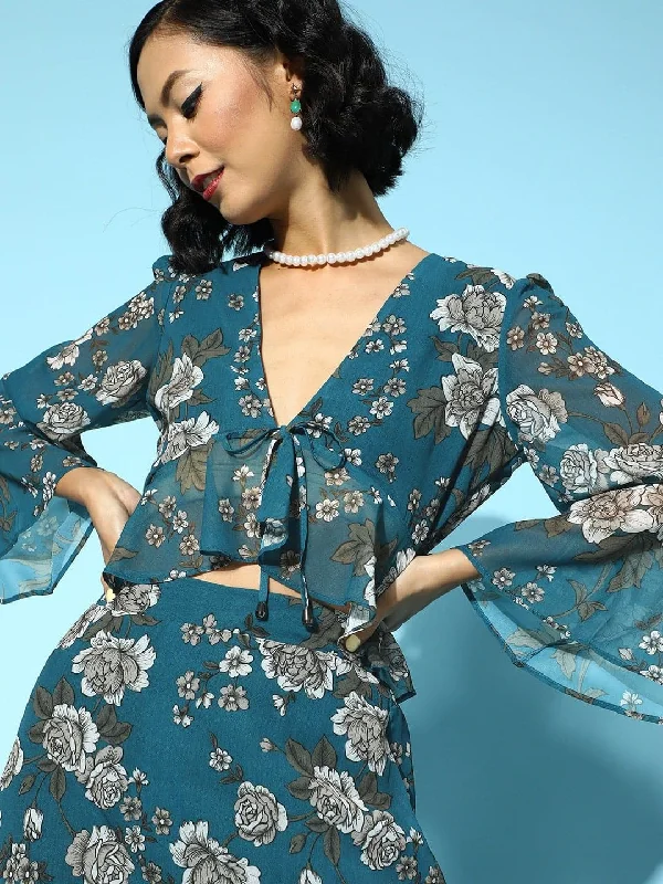 Teal Blue Floral Bell Sleeve Peplum Crop Top