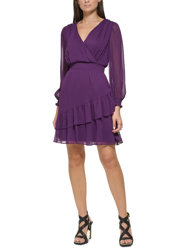 Womens Surplice Neckline Ruffled Mini Dress