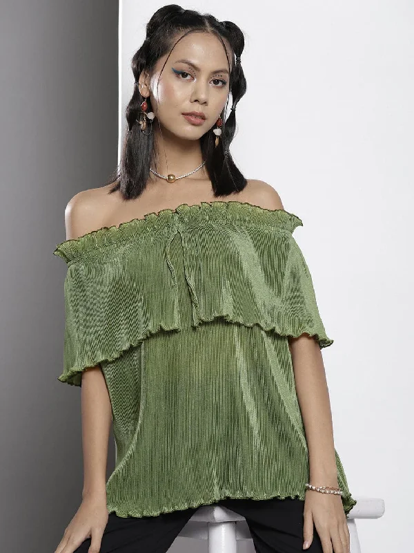 Women Olive Pleated Chinon Frill Bardot Top