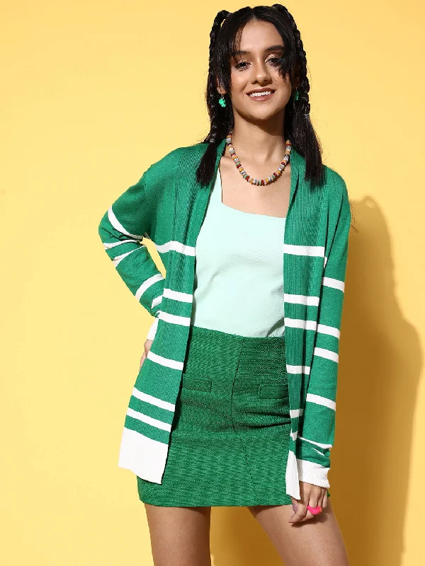 Women Green & White Striped Rib Front Open Shrug