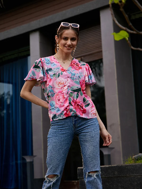 Women Rose Floral Front Open Regular Top