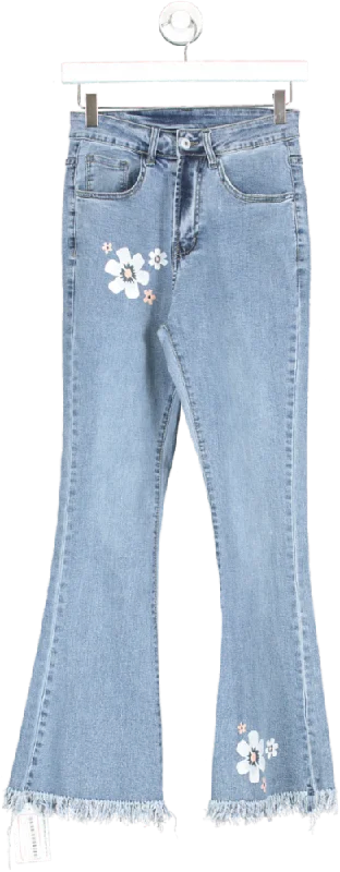 Blue Frayed Hem Flared Flower Detail Jeans UK S