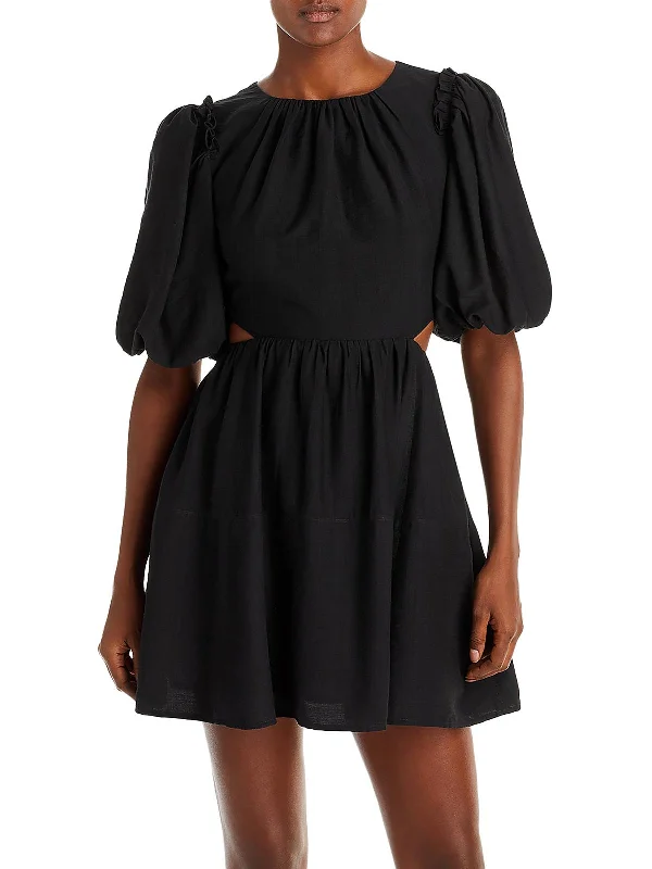 Womens Open Back Pleated Neck Mini Dress