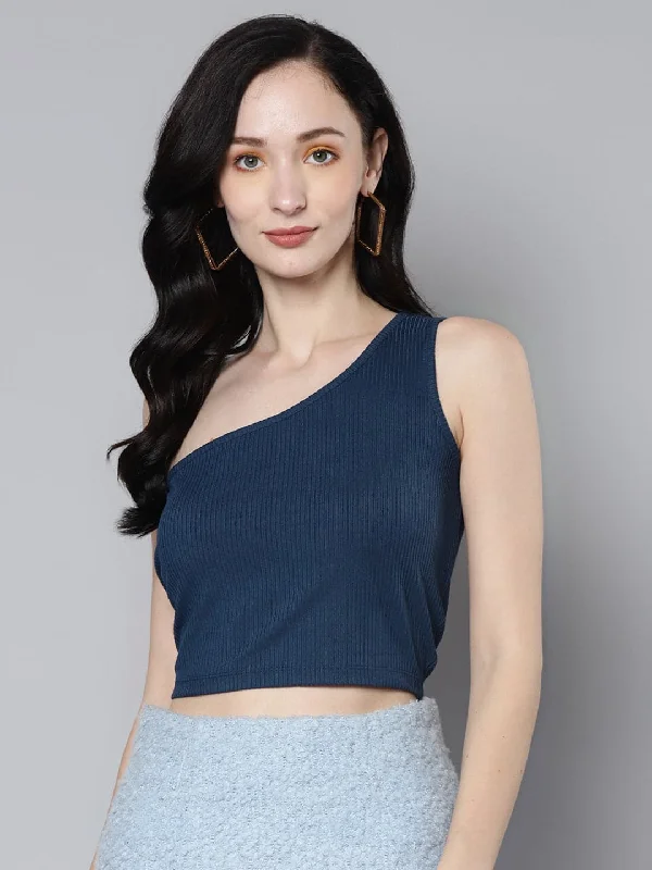 Women Blue Rib One Shoulder Crop Top