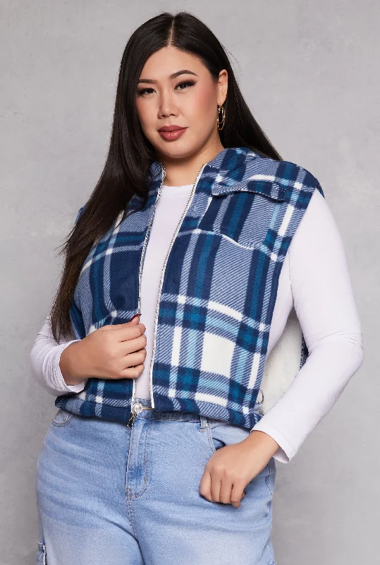 Plus Size Plaid Hooded Zip Front Vest