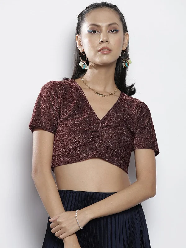 Women Pink Lurex Front Ruched Crop Top