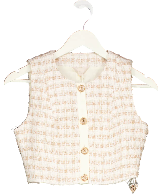 Flossy by Freddy Beige The Coco Top Boucle Check Cropped Waistcoat UK XS