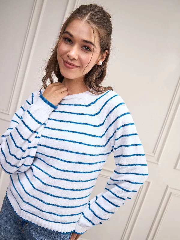 Women Blue & White Striped Full Sleeves Sweater