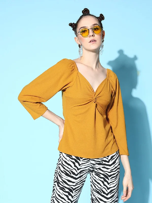 Women Mustard Canton Front Twisted Knot Top