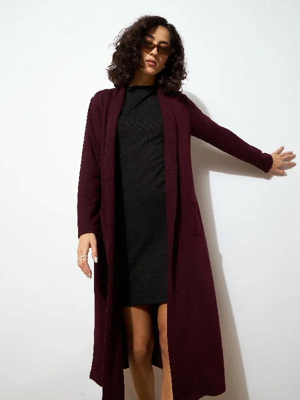 Women Burgundy Rib Longline Shrug