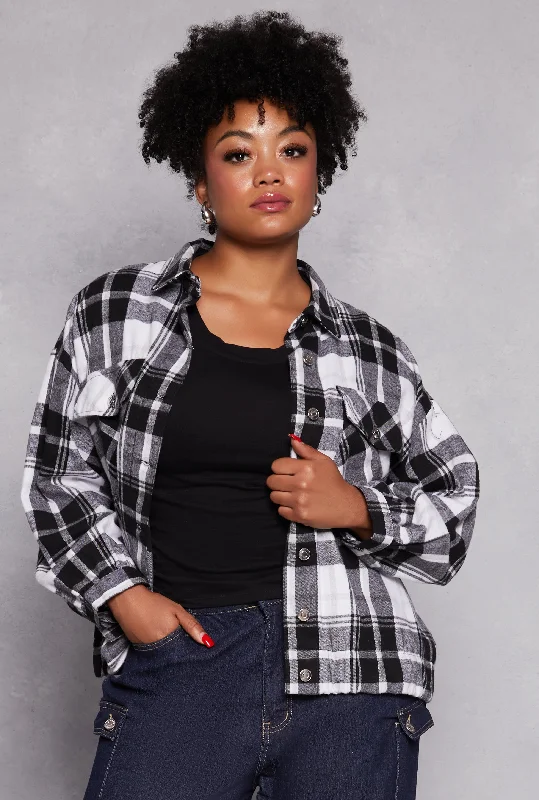 Plus Size Plaid Brushed Knit Flannel Shirt