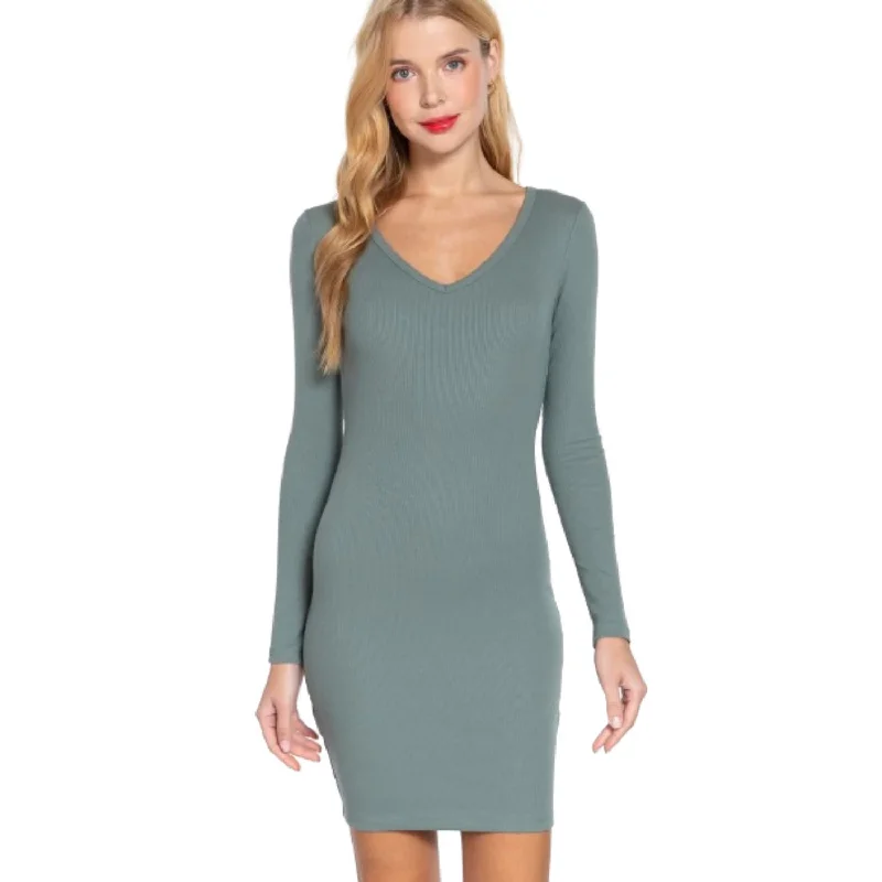 Long Slv V-neck Mini Rib Dress