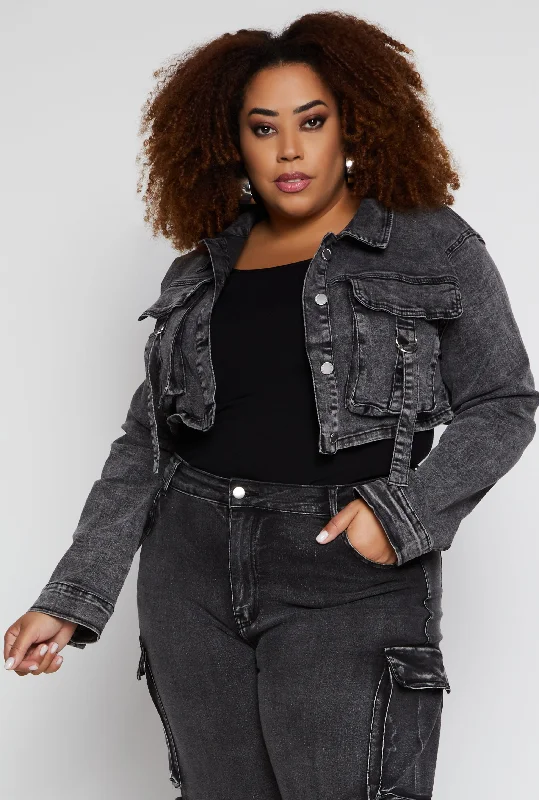 Plus Size Daisy Cargo Pocket Denim Jacket