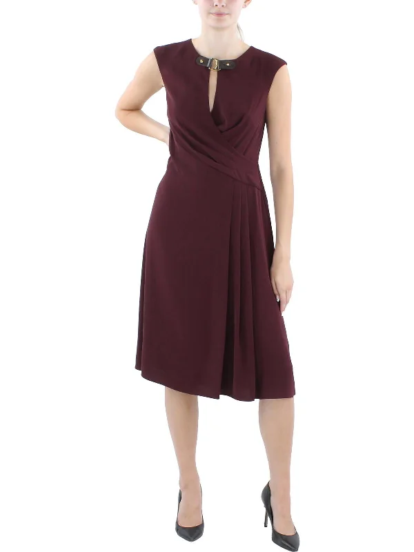 Womens Buckle Trim Knee-Length Sheath Dress