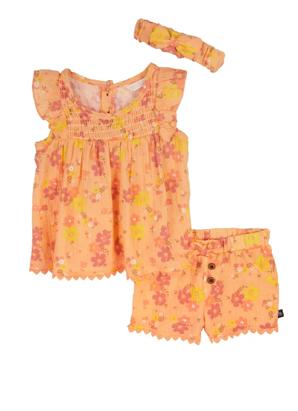 Baby Girls 0-9M Gauze Knit Floral Top and Shorts Set