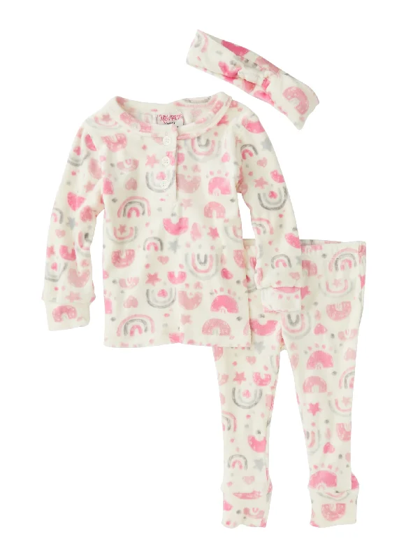 Baby Girls 12-24M Plush Graphic Print Pajama Top and Pants with Headband Set