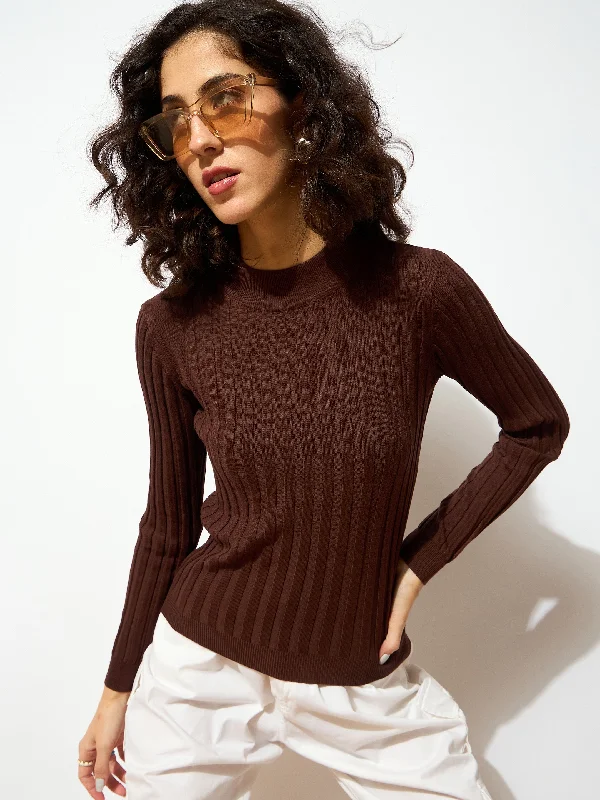 Women Brown Rib Full Sleeves High Neck Sweater