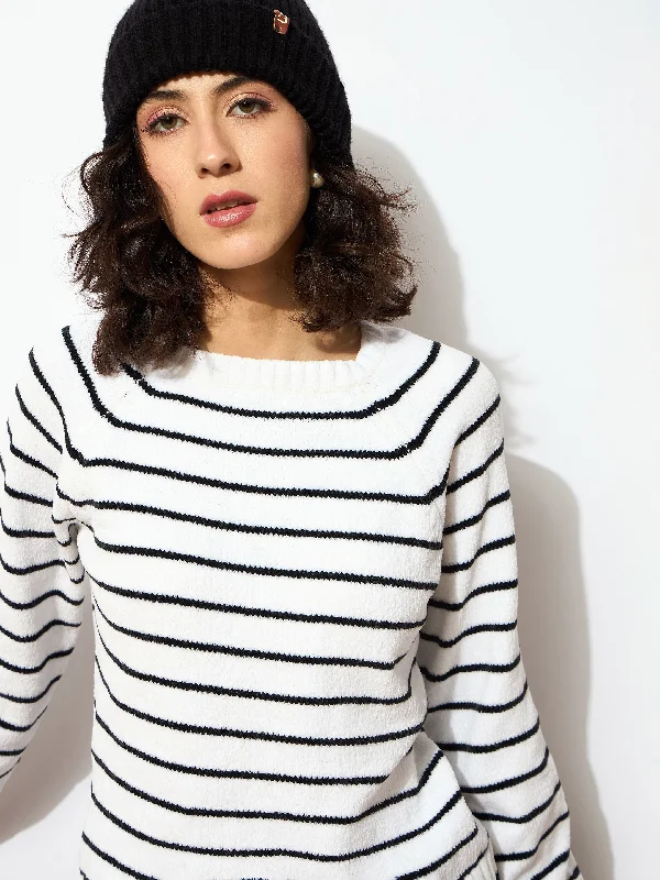 Women Black & White Striped Full Sleeves Sweater