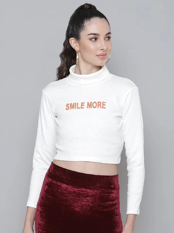 White Rib SMILE MORE Turtle Neck Crop Top