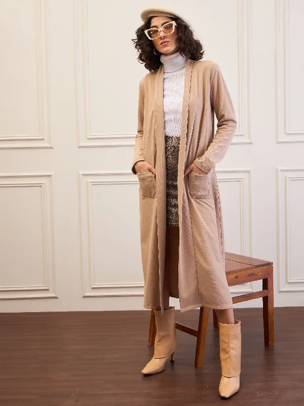 Women Beige Rib Longline Shrug