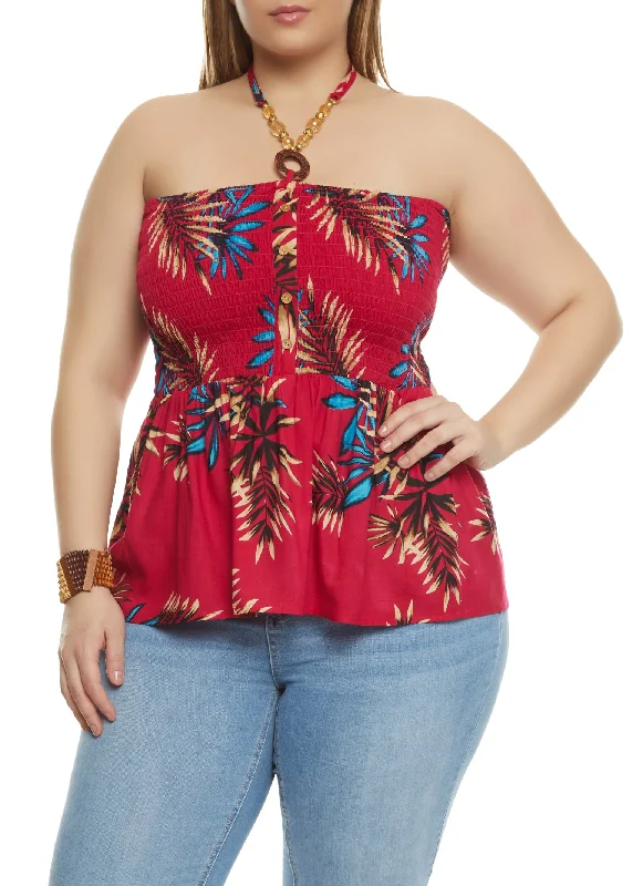 Plus Size Tropical Print Smocked Halter Top