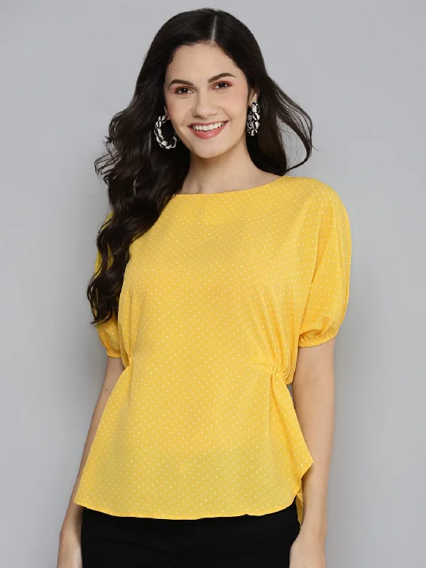 Women Yellow Pin Dots Back Tie-Up Top