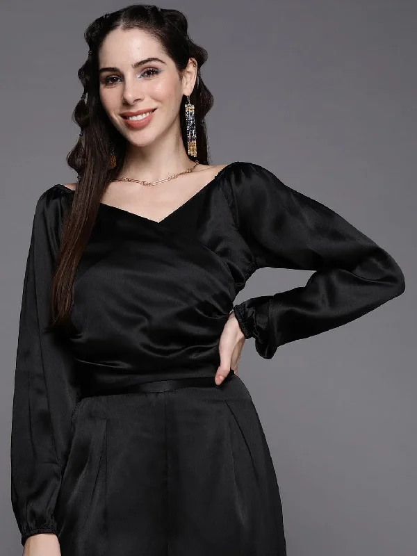 Women Black Satin Gathered Crop Bustier Top