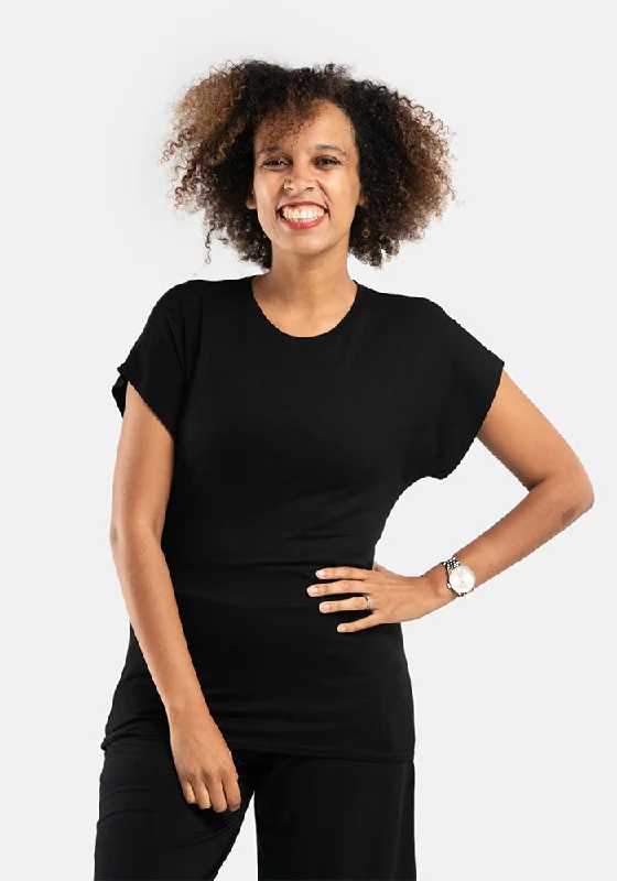 Black Extended Shoulder Round Neck Top