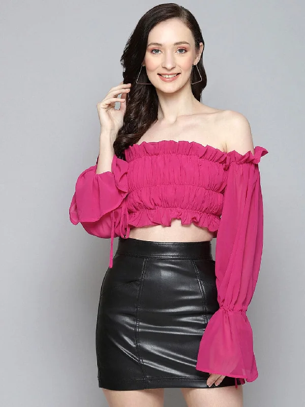 Women Fuchsia Off Shoulder Ruched Crop Top