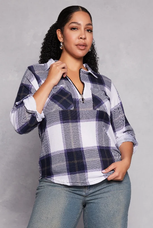 Plus Size Plaid Half Zip Shirt