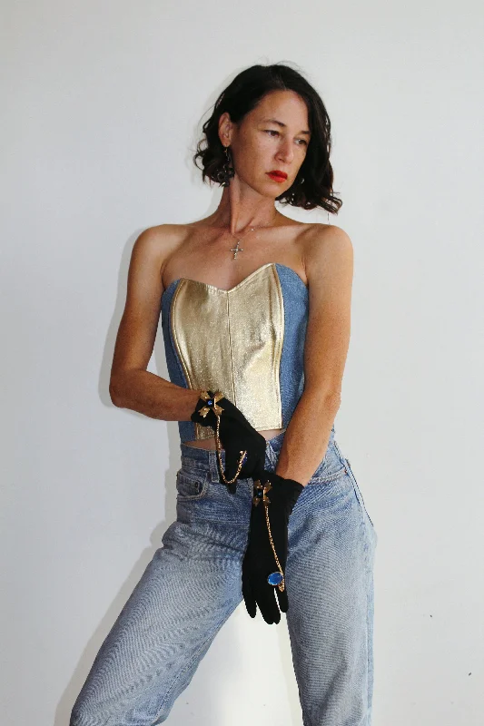 1980s Denim + Gold Bustier Crop Top