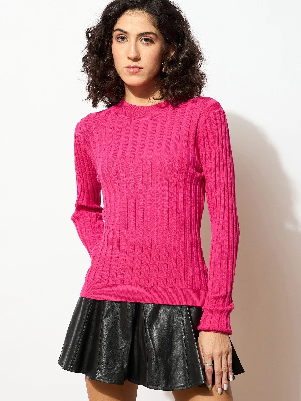 Women Pink Rib Full Sleeves High Neck Sweater