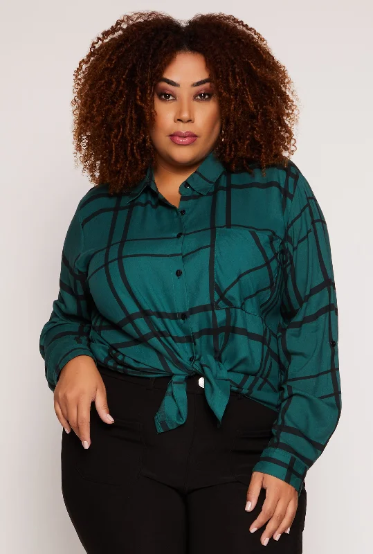 Plus Size Plaid Tabbed Sleeve Shirt