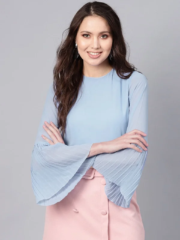 Blue Pleated Sleeve Frill Hem Top