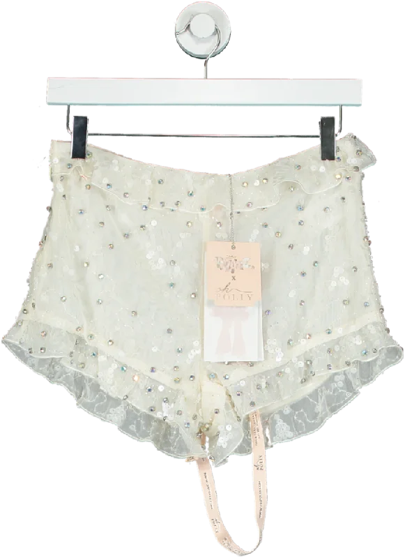 Oh Polly Cream Embellished Mesh Mini Shorts UK 10