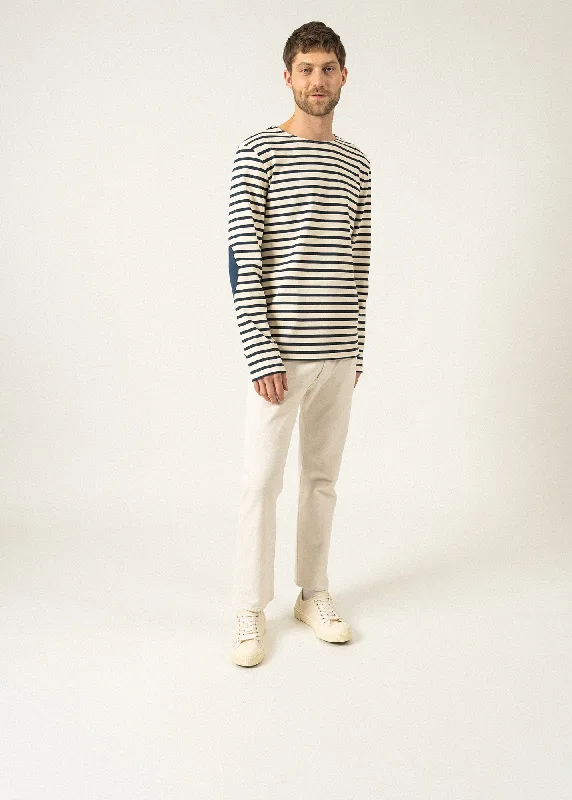 Méridien iconic sailor striped shirt with plain elbow patches - in thick cotton jersey (ECRU/MARINE/MARINE)