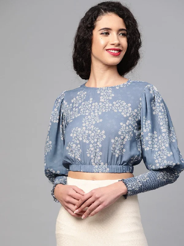 Dark Blue Floral Smocking Sleeve Crop Top