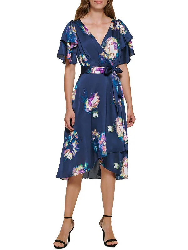 Womens Floral Faux Wrap Midi Dress