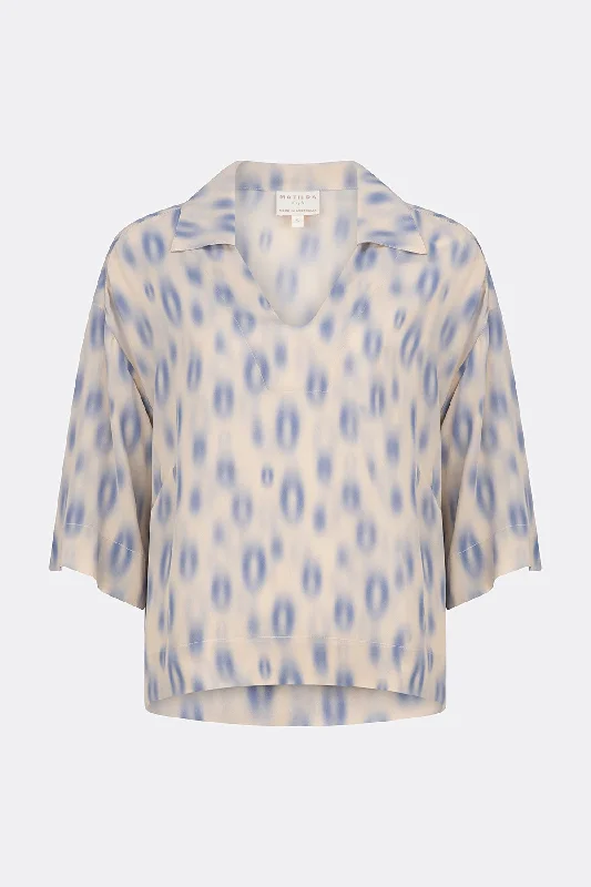 Trinity V Neck Collared Print Top Natural/Blue