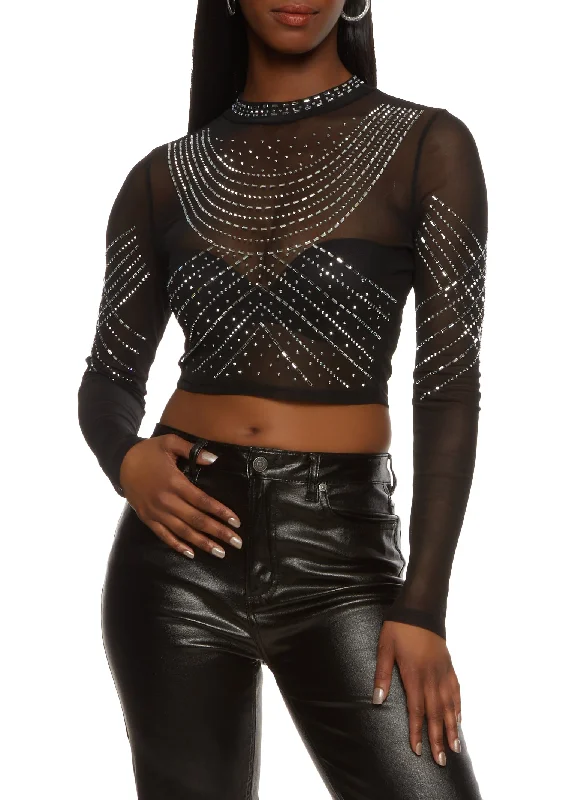 Sheer Mesh Rhinestone Crop Top