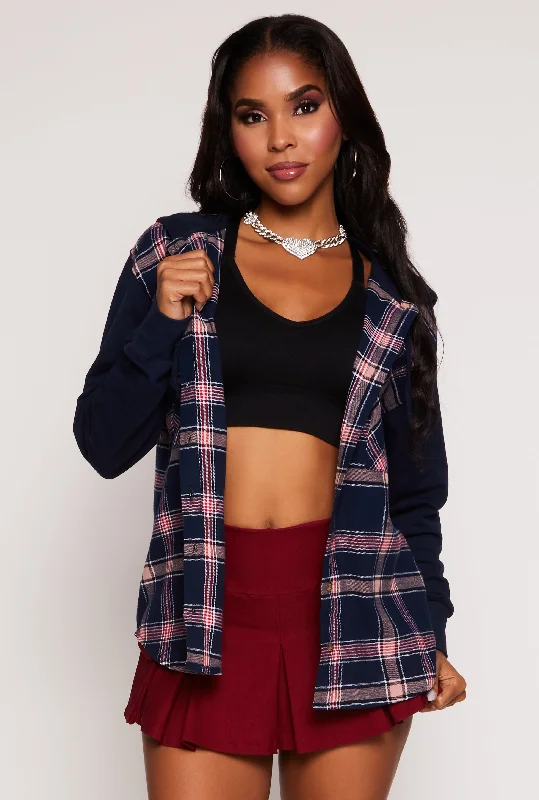 Plaid Button Front Hooded Shirt